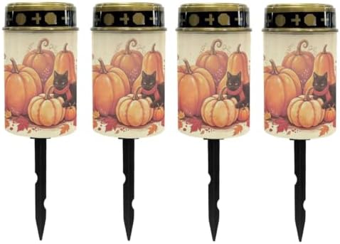 Poceacles Solar Candle Cemetery Solar Lights for Grave LED Garden Flameless Powered Pathway Lights for Halloween Party Decorations, Black Cat Pumpkin Autumn Leaf Print Beige, Pack of 4 by Poceacles