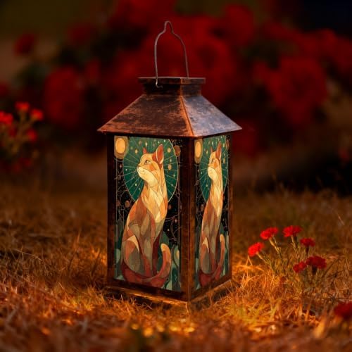 Solar Lantern Stained Glass Cat Mandala Wall Outdoor Waterproof Garden Hanging Lantern Solar Powered Lighting Outside Solar Light for Patio Yard Camping, Gifts for Women Mom by Unknown
