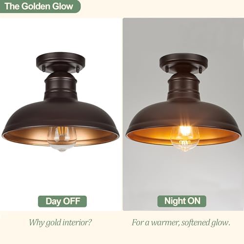 GOLDHILL 10" Semi Flush Mount Ceiling Light, Oil Rubbed Bronze Industrial Barn Shade with Gold Interior, 1-Light Bowl Fixture for Kitchen Island, Hallway and Covered Porch - Image 5