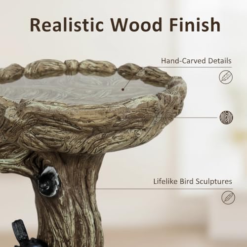 SunJet 23 Inch High Wood-Look Concrete Bird Bath with Decorative Faux Bird – Birdbath Rustic & Long-Lasting Design, Enhances Garden, Patio, Yard, Lawn Decor - Image 3