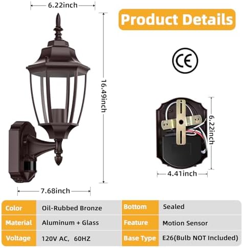 Lamomo Motion Sensor Outdoor Wall Lights Fixture, 2-Pack Porch Lamp, Bronze - Image 4