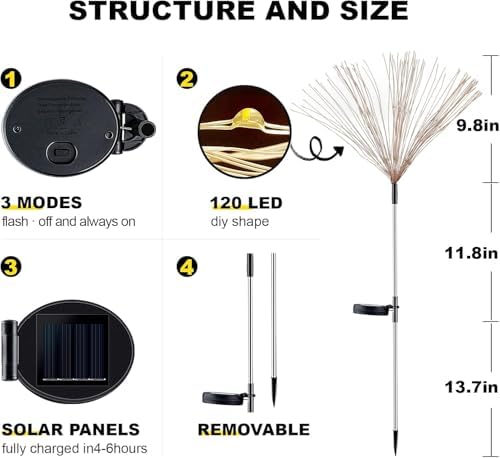 4 PCS Solar Firework Light, Outdoor Solar Garden Decorative Lights 120 LED Powered 40 Copper Wires String DIY Landscape Light for Walkway Pathway Backyard Christmas Decoration Parties (Warm White) - Image 2