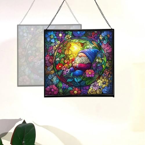 Floating Bubble Nest Gnome Stained Glass Suncatcher – Square Hanging Window Panel for Home or Greenhouse – Whimsical Glass Art Gift for Garden Lovers, Christmas, Halloween, Father Days 7tJsym - Image 4