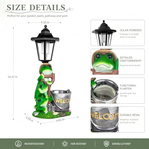 Solar Frog Outdoor Garden Statue with Flowerpot & Lantern - Image 5