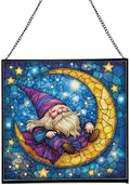 Crescent Moon Gnome Stained Glass Suncatcher – Square Hanging Window Panel for Home or Greenhouse – Whimsical Glass Art Gift for Garden Lovers, Christmas, Halloween, Father Days P5Mysc by Custom