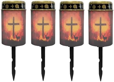 Poceacles Cross Outdoor Lights Pack of 4 Solar Powered Flameless Candle Cemetery Votive Candles Waterproof Outdoor Memorial Candle Solar Stake Lights for Grave Cemetery, Deer Cross Flame Forest by Poceacles