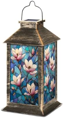 Solar Lantern Magnolia Flowers Stained Glass Style Blue Mosaic Outdoor Waterproof Hanging Solar Light Outside Lights for Patio Yard House Lawn Decor Birthday Gifts for Women Mom by Unknown