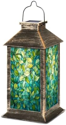 Solar Lantern Leaf Vine Stained Glass Teal Green Mosaic Style Outdoor Waterproof Hanging Solar Light Outside Lights for Patio Yard House Lawn Decor Birthday Gifts for Women Mom by Unknown