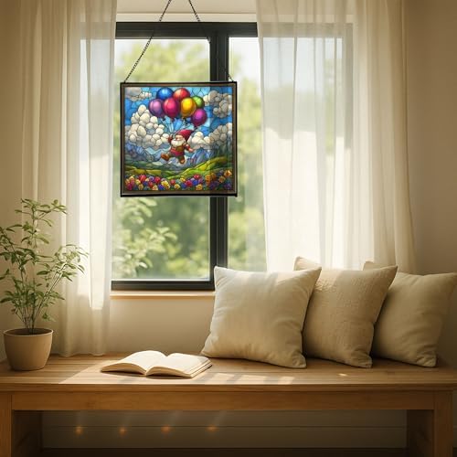 Balloon Flight Gnome Stained Glass Suncatcher – Square Hanging Window Panel for Home or Greenhouse – Whimsical Glass Art Gift for Garden Lovers, Christmas, Halloween, Father Days RCJoS8 - Image 7