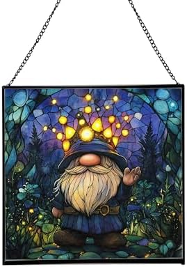 Firefly Crown Gnome Stained Glass Suncatcher – Square Hanging Window Panel for Home or Greenhouse – Whimsical Glass Art Gift for Garden Lovers, Christmas, Halloween, Father Days 8nQygN by Custom