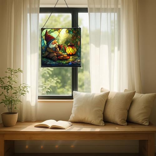Gnome Tea Time Stained Glass Suncatcher – Square Hanging Window Panel for Home or Greenhouse – Whimsical Glass Art Gift for Garden Lovers, Christmas, Halloween, Father Days F4WpeI - Image 7