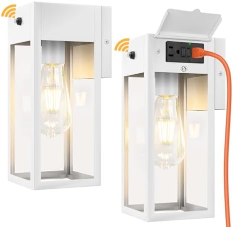 White Porch Lights with Outlet, Dusk to Dawn Outdoor Light, 2Pack by WelcometoOYKYOHEI