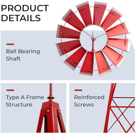 Outvita 8FT Red Metal Ornamental Windmill Weather Vane - Image 6