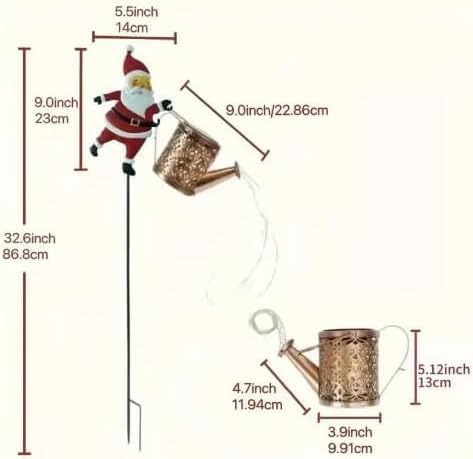 Christmas Santa Solar Kettle Lights, Solar Garden Watering Can Lights with Cascading Lights, Waterproof Hanging Metal Outdoor Lantern Decorations for Garden Patio Porch Yard (Warm) - Image 2