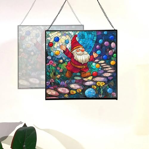 Gnome in a Jellybean Garden Stained Glass Suncatcher – Square Hanging Window Panel for Home or Greenhouse – Whimsical Glass Art Gift for Garden Lovers, Christmas, Halloween, Father Days v4Uq3H - Image 4
