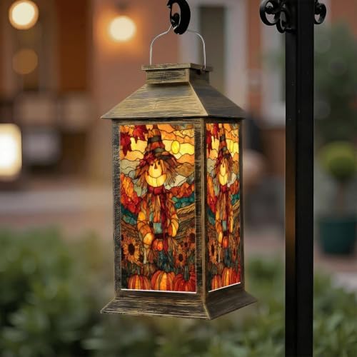 Fall Solar Lantern Autumn Harvest Stained Glass Suncatcher Scarecrow Sunflowers Waterproof Outdoor Hanging Lantern, Solar Powered Garden Light for Patio Yard Camping, Halloween Gift - Image 6