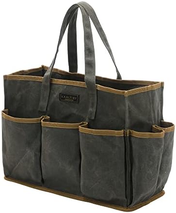 Tool Tote Bag, Heavy Duty 16oz Waxed Canvas Garden Tool Bag | Portable 11-Pocket Tool Storage Bag for Gardener Electrician Contractor Repairman (14"L x 5.5"W x 10.5"H) – Army Green by Kaaltisy