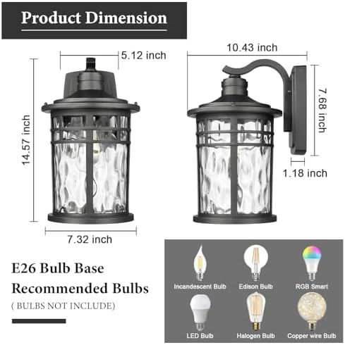 Darkaway 2pcs Large Outdoor Porch Lights Wall Mount, 15inch Outside Light Fixtures Sconces Wall Lighting with Water Ripple Glass Waterproof Exterior Lights for Patio Yard Garage - Image 3
