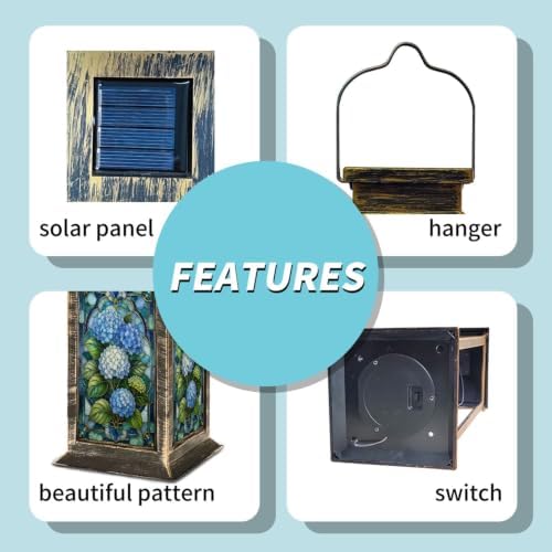 Solar Lantern Stained Glass Style Blue Outdoor Waterproof Garden Hanging Lantern Solar Powered Lighting Outside Solar Light for Patio Yard Camping, Gifts for Women Mom - Image 5