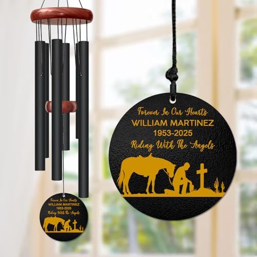 Personalized Cowboy Memorial Wind Chime – “Riding with The Angels” Custom Name & Years – Western Horse & Cross Design – Outdoor Sympathy Gift for Loss of Loved One – in Loving Memory Windchime by AlpadilCo