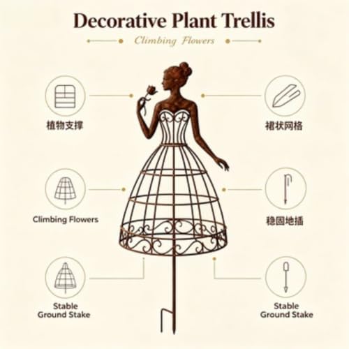 Metal Lady Garden Trellis for Climbing Plants, Decorative Dress‑Shaped Plant Support Stake, Vintage Rust‑Finish Flower Trellis for Yard Lawn Patio Outdoor Decor (2) - Image 3