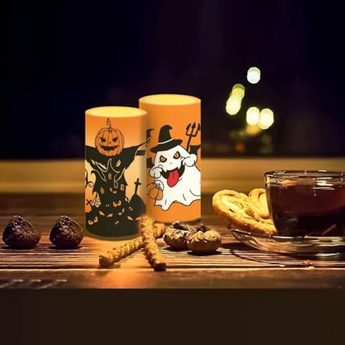 Halloween Day Battery Operated Candles with Remote and Timers Flameless Candles for Trick or Treat Day Party Home Decoration Flickering Elictric Pillar Lights, Black Pumpkin Trick Ghost - Image 7