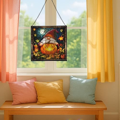Gnome Pumpkin Lantern Stained Glass Suncatcher – Square Hanging Window Panel for Home or Greenhouse – Whimsical Glass Art Gift for Garden Lovers, Christmas, Halloween, Father Days YYOCot - Image 5