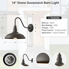 14in Dome Outdoor Gooseneck Lights for Barn, Dark Bronze Exterior Farmhouse Light Fixture with Wall Mount, Outside Goose Neck Wall Sconce for Patio, Porch, Entryway - Image 7