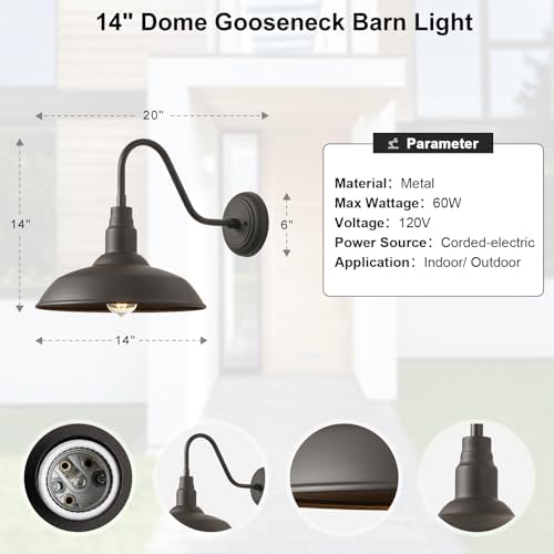 14in Dome Outdoor Gooseneck Lights for Barn, Dark Bronze Exterior Farmhouse Light Fixture with Wall Mount, Outside Goose Neck Wall Sconce for Patio, Porch, Entryway - Image 7