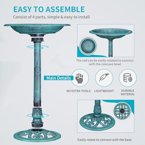VECELO 28" Pedestal Outdoor Bird Bath with Solar Powered Fountain for Outside, Vintage Bronze Polyresin Lightweight Antique, Yard/Garden Decoration, Green - Image 4