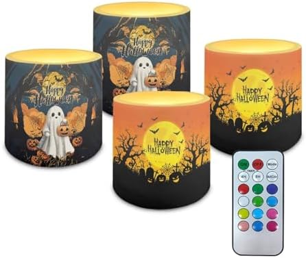 Happy Halloween Grave Flameless Candles Battery Powered LED Candle with Remote Timer Color Changing Control 4 Pieces Candles for All Saints' Eve Decor by WelcometoLuarisgur