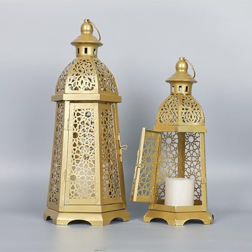 2 Pack Moroccan Lantern Lamp Decorative Candle Holders for Ramadan Decorations, Hanging, Outdoor Patio or Porch, Indoor Home Decor（Gold） - Image 6