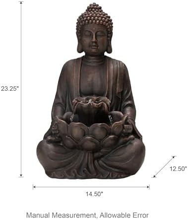 Glitzhome 24" H Zen Style Meditating Buddha Water Fountain Statue with Pump and LED Light, 2 Tier Waterfalls Resin Indoor Outdoor Floor Fountain for Garden Patio Backyard Decking - Image 2