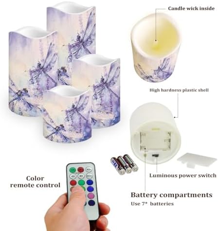 Purple Dragonfly Flickering Flameless Candles Pillar LED Candles with Remote and Timer Set of 4 Color Changing Battery Operated Candles for Valentines Home Wedding Birthday Decoration - Image 3