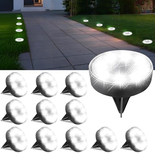 Ground Lights 12 Pack, IP68 Waterproof Solar Disc Lights for Outdoor, Flat Garden Light, In-Ground Light, Landscape Lighting for Pathway, Walkway, and Yard-12 Pcs (Cold White) by Unknown