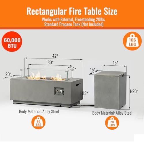 42" Outdoor Propane Fire Pit Table for Patio - 50,000 BTU Rectangular Gas Firepit Table, Grey Commercial-Grade Fireplace with Wind Guard - Image 2