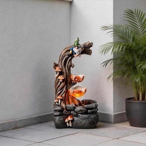 Tolevoit Gnome Outdoor Water Fountain with Warm LED Lights, Cascading Mushroom Waterfall on Tree Stump, Whimsical Garden Decor & Yard Art for Patio, Lawn, Porch and Indoor Tabletop - Image 5