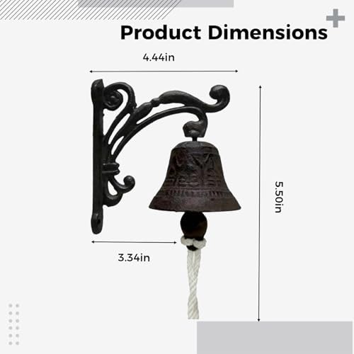 Cast Iron Dinner Bell with Rope, Rustic Outdoor Dinner Bell for Farmhouse, Vintage Metal Doorbell, Wall Mounted Decorative for Porch, Garden, Patio, 5.5 x 4.5 in / 14 x 11.3 cm - Image 5