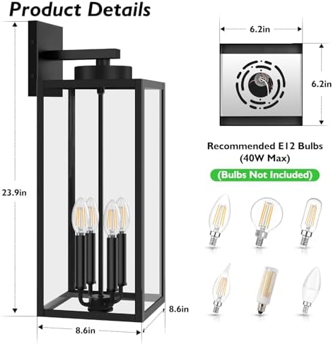 BesLowe 23.9" Extra Large Size Outdoor Wall Light Fixture, Exterior Lighting Fixture Porch Sconce Wall Mounted, Waterproof Outdoor Wall Lantern, Outside Light for House Patio Front Door Garage, Black - Image 6