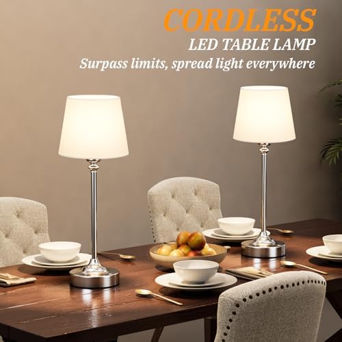 Kakanuo Cordless Table Lamps Rechargeable Set - 2 Pack Silver 4000mAH Battery Operated Lamps for Decor, 3000K Stepless Dimming Touch Wireless Lamp for Bedroom, Dining Table, Living Room, White Shade - Image 4