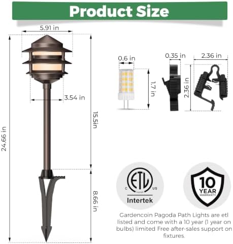 Gardencoin Pagoda Low Voltage Landscape Pathway Lights, 12V Outdoor LED Path Lights Wired, Aluminum Walkway Lighting with 4W 2700K Replaceable G4 Bulb, Bronze Classic 3-Tier Lantern, 12 Pack - Image 4