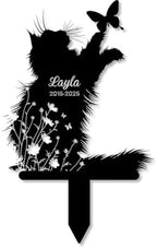 Custom Longhair Cat Memorial Stake, Cat Playing with Butterfly Grave Marker, Personalized Pet Loss Gift Metal Garden Plaque (Cat Playing with Butterfly) by Linktee