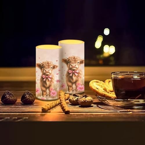 Valentines Day Flameless Candles Waterproof Battery Operated Candles with Timer Pack of 2 Pink Daisy Highland Cow Print LED Pillar Lights for Dining Table Decorations - Image 6