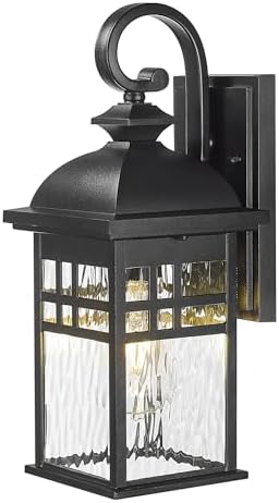 Emliviar Outdoor Light Fixture Wall Mount, Exterior Wall Sconce for Front Porch, Black Finish with Water Ripple Glass, DE279B BK-WP by EMLIVIAR