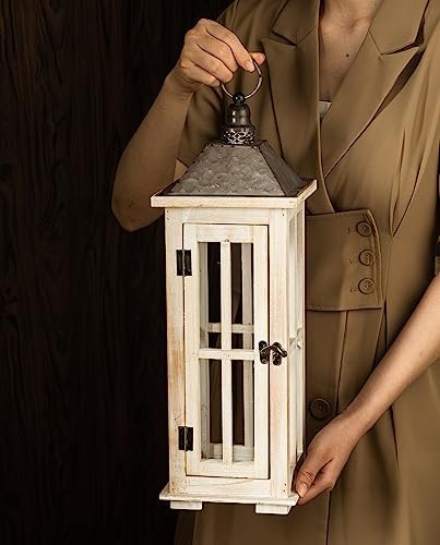 TIMRIS Large Rustic Wooden Decorative Lantern Set of 2, Modern Farmhouse Distressed Whitewash Floor Candle Lanterns, Indoor/Outdoor Hanging Lanterns for Home Decor (No Glass) - Image 3