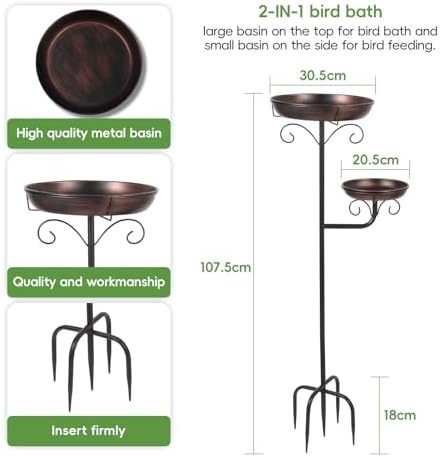 42" Large Freestanding Metal Bird baths for Outdoors Bird Feeder Ground for Garden Decor, Removable Bowl with Strong 5 Stakes, Bird Bath for Outside, Ground Mounted Birdbaths for Pation Backyard Lawn - Image 3
