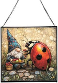 Lady.Bug Picnic Gnome Stained Glass Suncatcher – Square Hanging Window Panel for Home or Greenhouse – Whimsical Glass Art Gift for Garden Lovers, Christmas, Halloween, Father Days Duy7w9 by Custom
