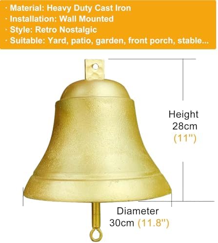 GTPBAO Retro Gold Large Iron Bell, Weatherproof Ringing Doorbell with Red String, Garden Wall-Mounted Hand Bell for Front Door - Image 3