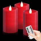3x5 inch Red Flameless Candles, Realistic Flameless LED, Battery-Powered Pillar Candles with Remote & Timer, Fake Candles for Fall Decor, (Red, 3"*5"-3pcs) by WOOCODOWE
