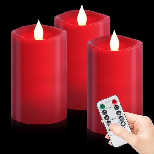 3x5 inch Red Flameless Candles, Realistic Flameless LED, Battery-Powered Pillar Candles with Remote & Timer, Fake Candles for Fall Decor, (Red, 3"*5"-3pcs) by WOOCODOWE